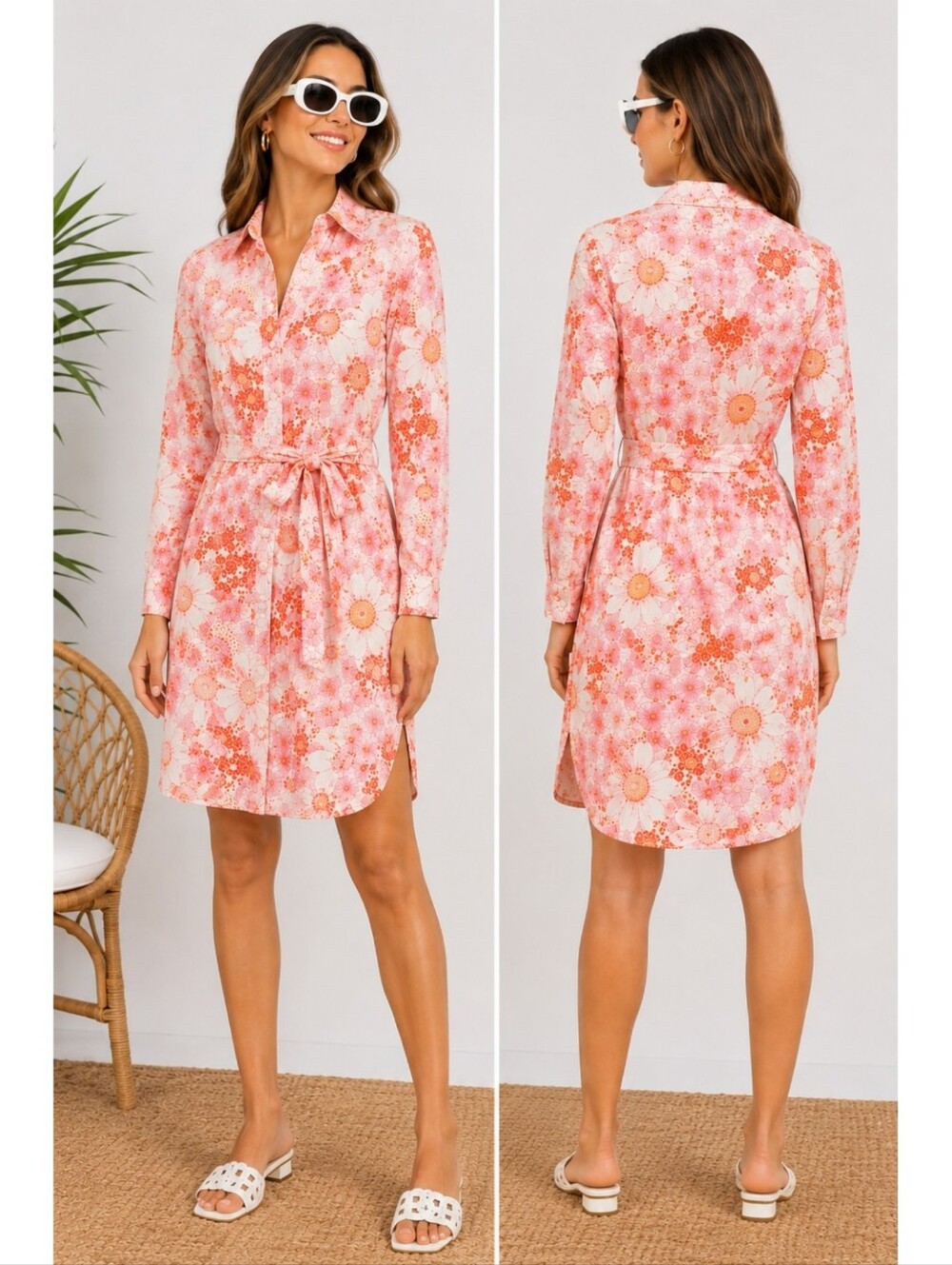 Lesley Evers Floral White Pink Cotton Long Sleeve Shirt Midi Dress Size Medium